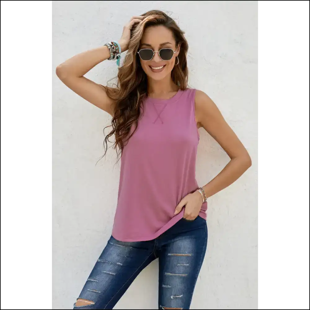Chic Round Neck Sleeveless Tank Top - Lavender / s - Tops on Sale Worldwide Shipping