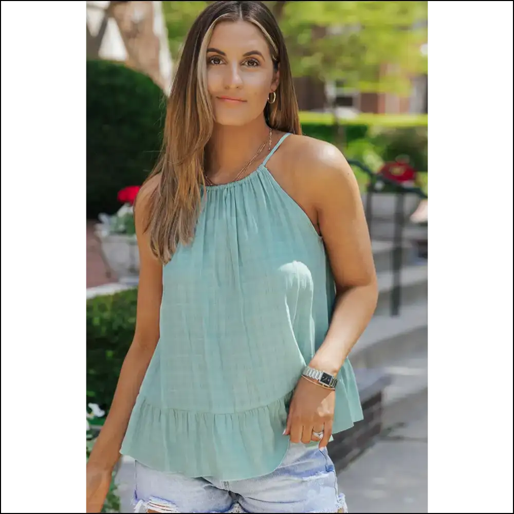 Chic Round Neck Tied Peplum Cami - Gum Leaf / s - Tank Tops on Sale Worldwide Shipping