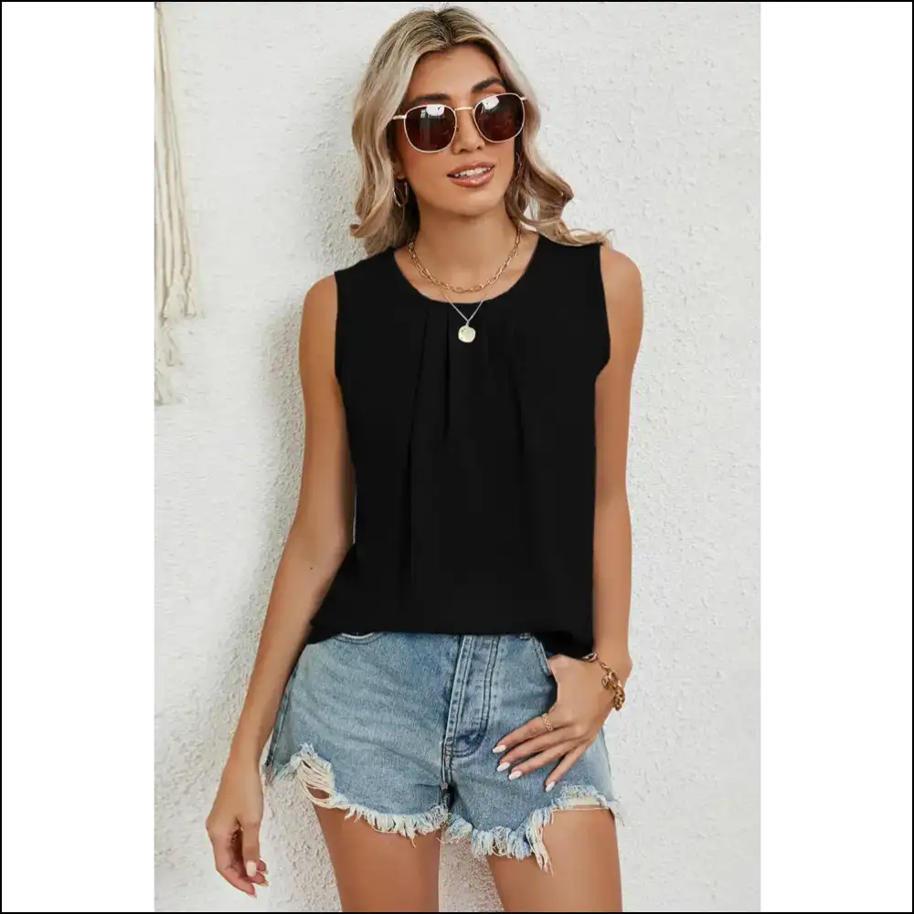 Chic Ruched Round Neck Tank for Stylish Women - Black / s - Tops on Sale Worldwide Shipping