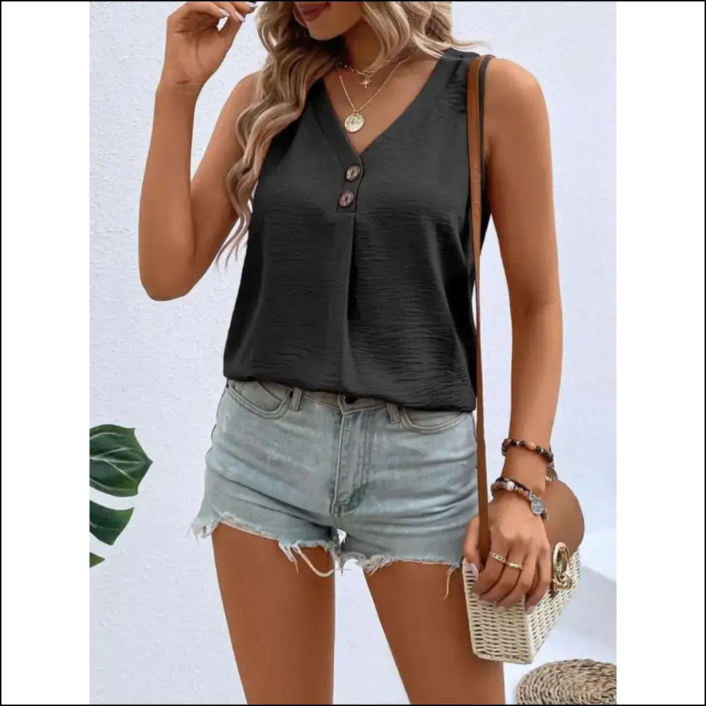 Chic Solid Color V-neck Tank with Decorative Button - Black / s - Tops on Sale Worldwide Shipping