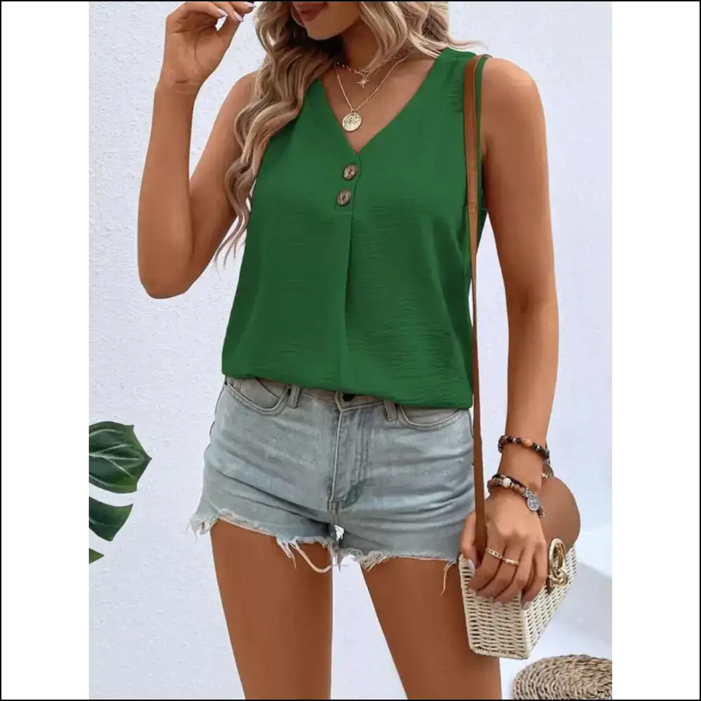 Chic Solid Color V-neck Tank with Decorative Button - Green / s - Tops on Sale Worldwide Shipping