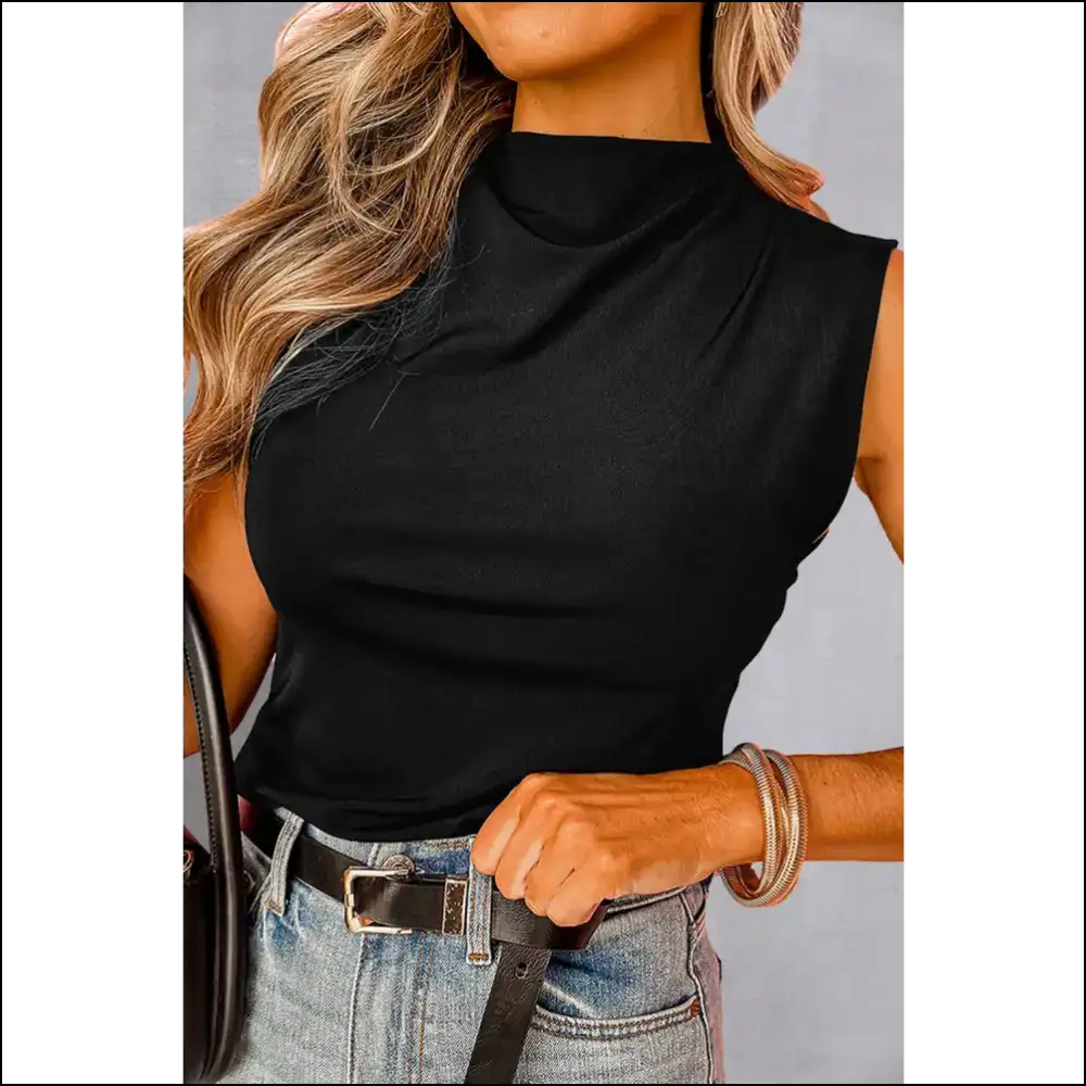 Chic Solid Mock Neck Tank for Women - Black / s - Tops on Sale Worldwide Shipping