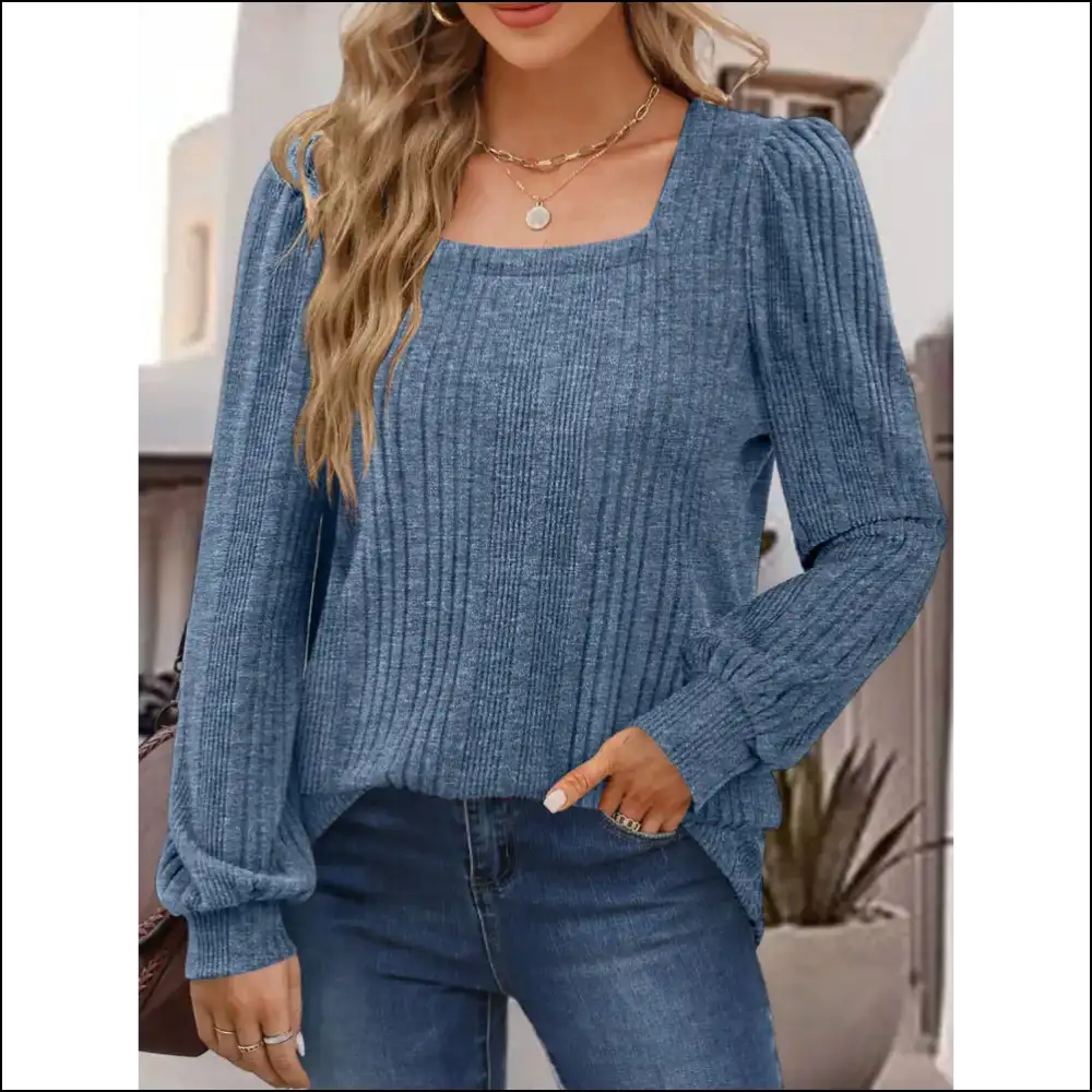 Chic Square Neck Long Sleeve Top - Dirty Blue / s - Blouses on Sale Worldwide Shipping