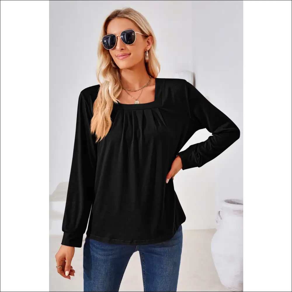 Chic Square Neck Ruched Long Sleeve Blouse - Black / s - Blouses on Sale Worldwide Shipping