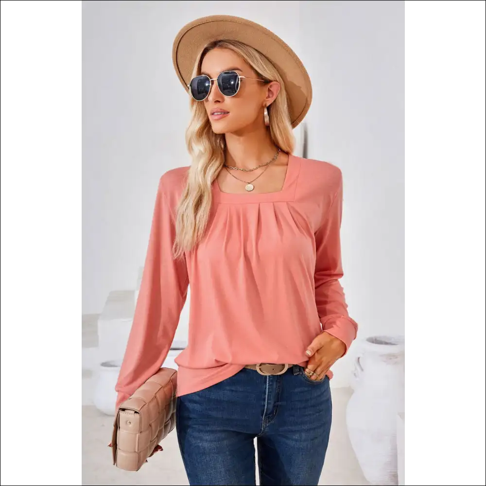 Chic Square Neck Ruched Long Sleeve Blouse - Coral / s - Blouses on Sale Worldwide Shipping