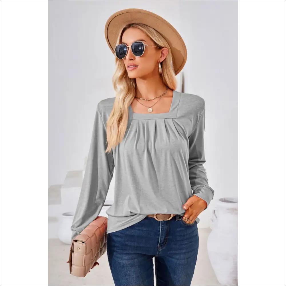 Chic Square Neck Ruched Long Sleeve Blouse - Light Gray / s - Blouses on Sale Worldwide Shipping