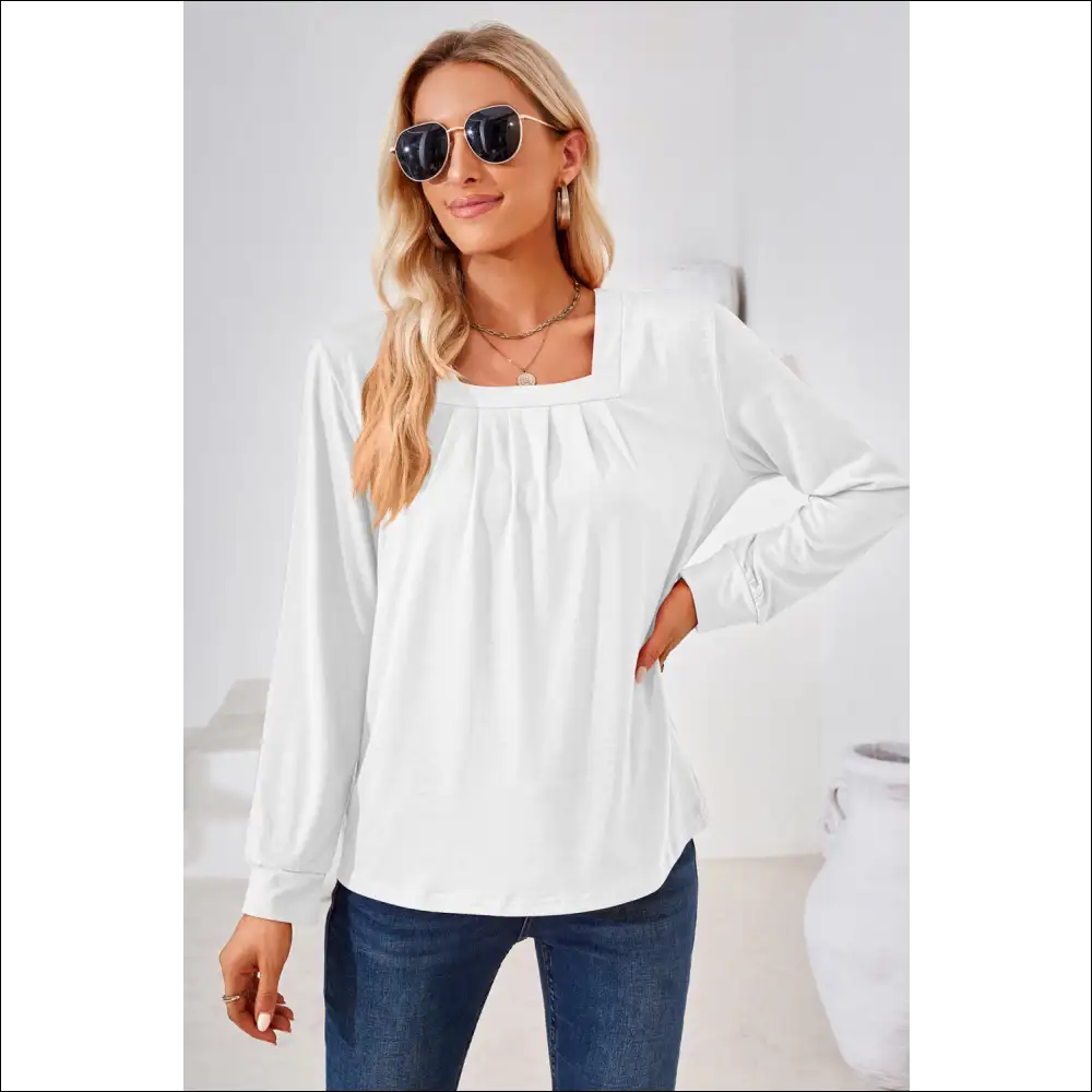 Chic Square Neck Ruched Long Sleeve Blouse - White / Xl - Blouses on Sale Worldwide Shipping