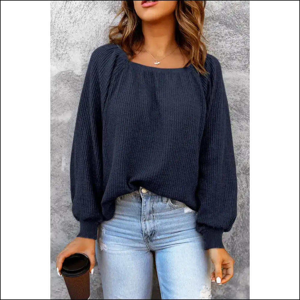 Chic Square Neck Waffle-knit Top - French Blue / l - Blouses on Sale Worldwide Shipping