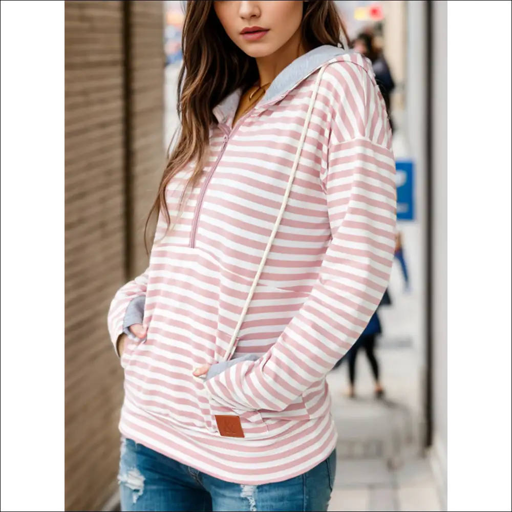 Chic Striped Drawstring Half Zip Hoodie - Hoodies Sweatshirts & on Sale Worldwide Shipping