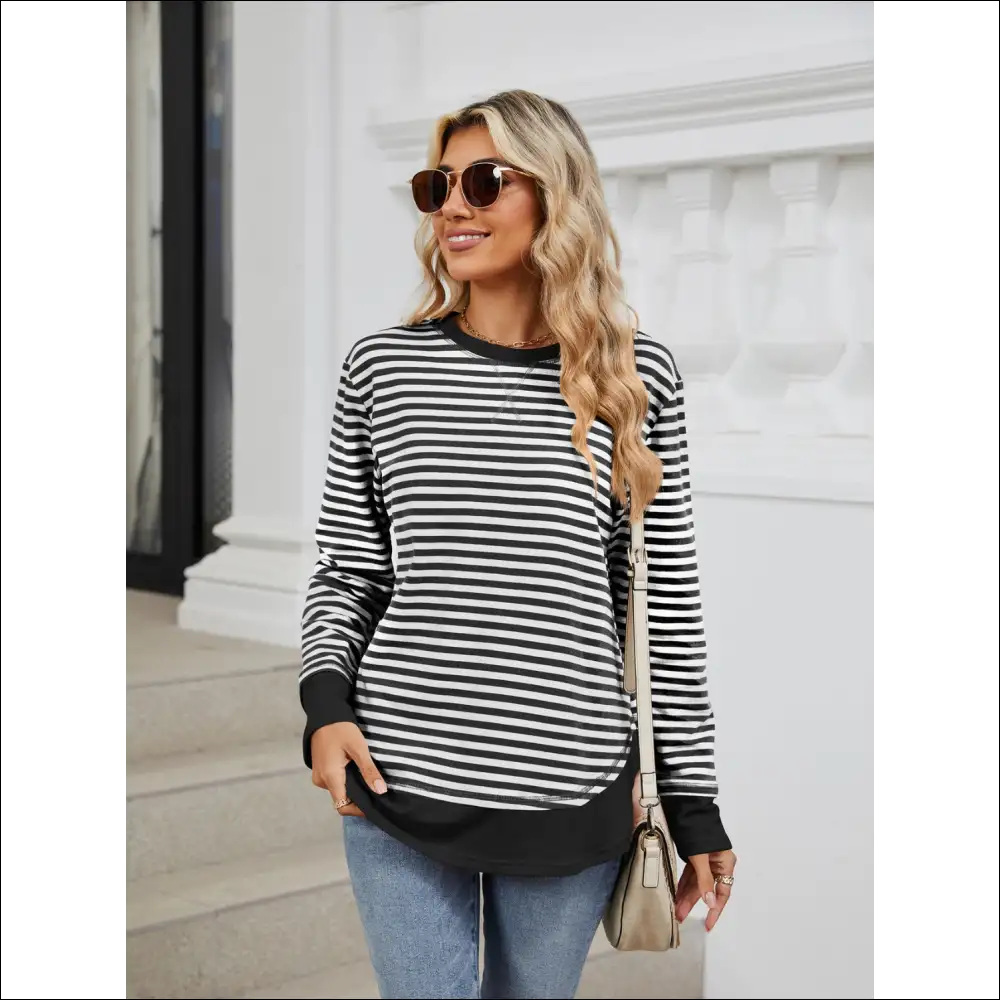 Chic Striped Round Neck Long Sleeve Sweatshirt - Black / s - Sweatshirts & Hoodies on Sale Worldwide Shipping