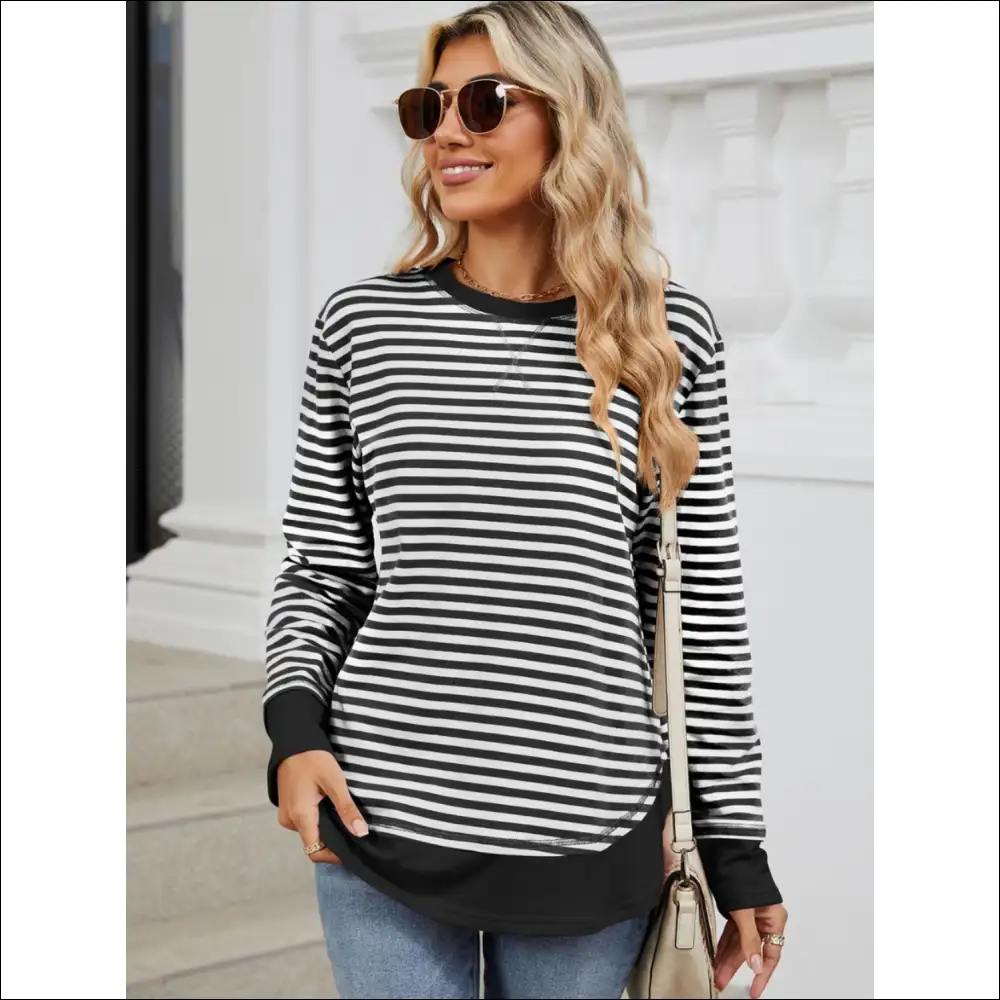 Chic Striped Round Neck Long Sleeve Sweatshirt - Sweatshirts & Hoodies on Sale Worldwide Shipping