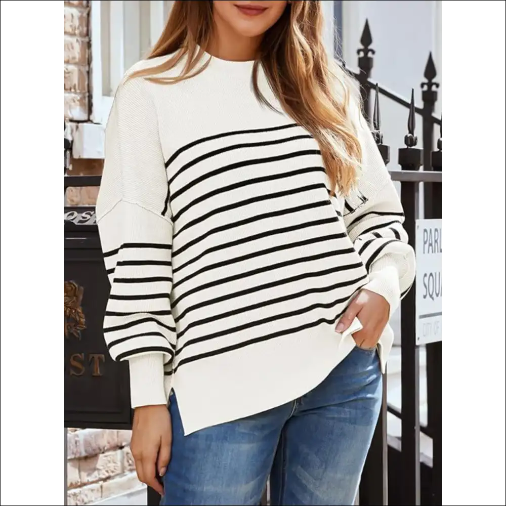 Chic Striped Round Neck Long Sleeve Sweatshirt - White / s - Sweatshirts & Hoodies on Sale Worldwide Shipping