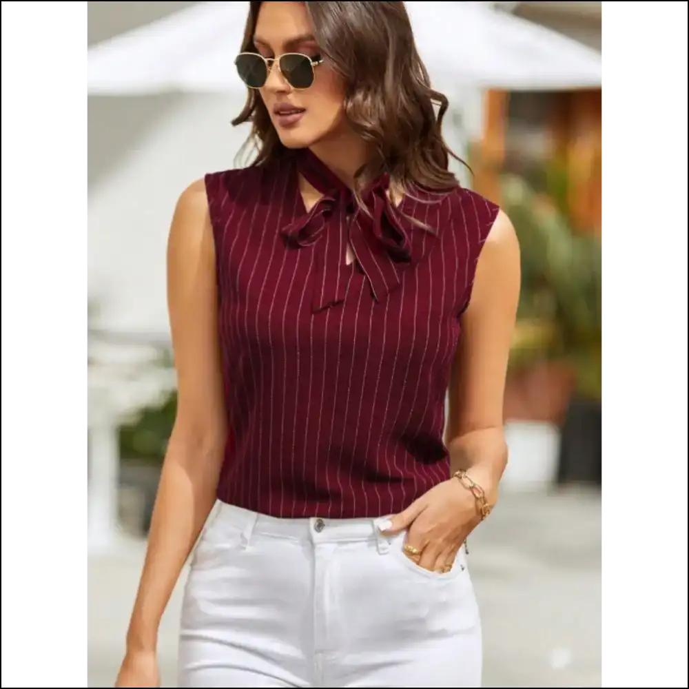 Chic Striped Tie Neck Tank - Burgundy / Xs - Tops on Sale Worldwide Shipping