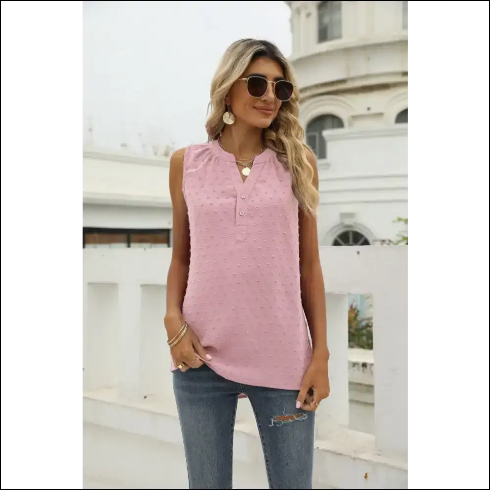 Chic Swiss Dot Notched Neck Tank Top - Blush Pink / Xl - Tops on Sale Worldwide Shipping