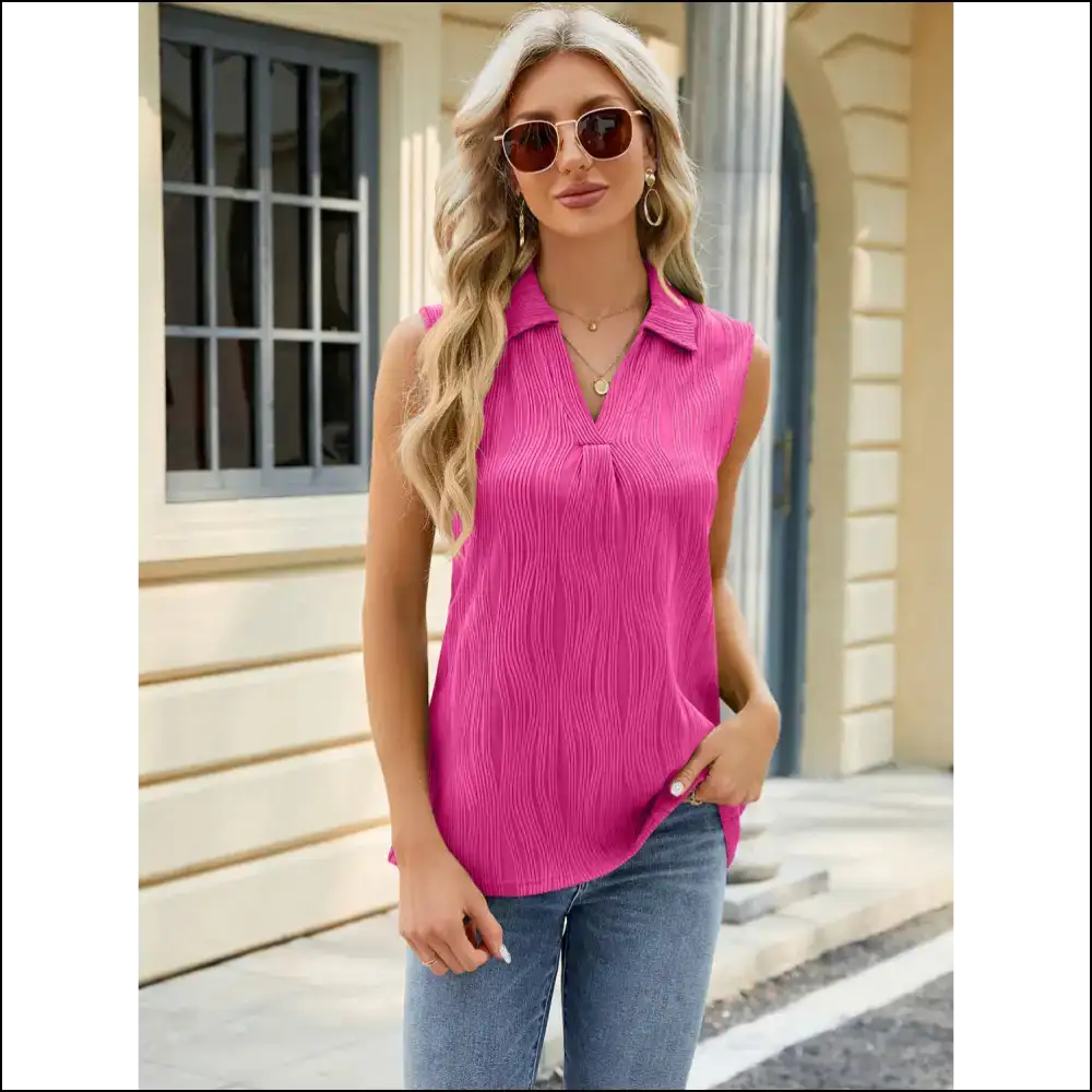 Chic Textured Johnny Collar Tank - Hot Pink / Xl - Tops on Sale Worldwide Shipping