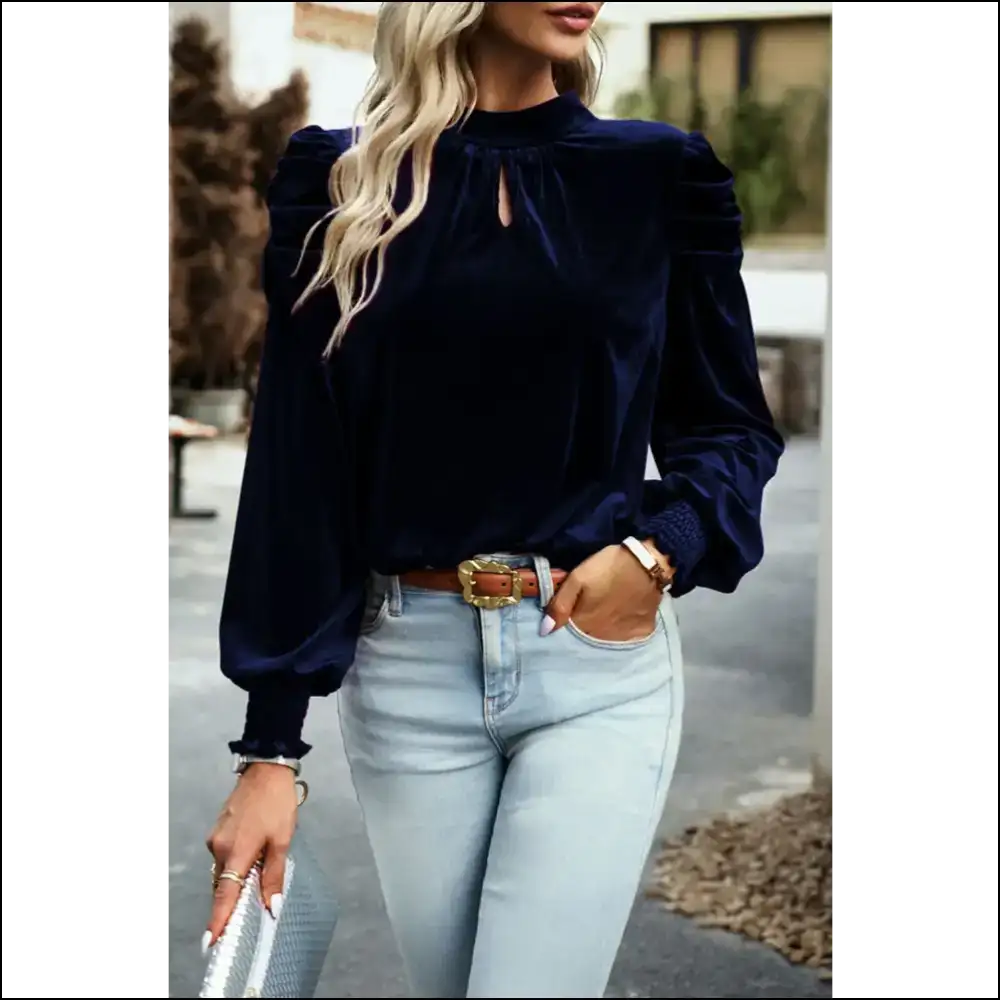 Chic Tie Up Mock Neck Velvet Blouse - Blouses on Sale Worldwide Shipping