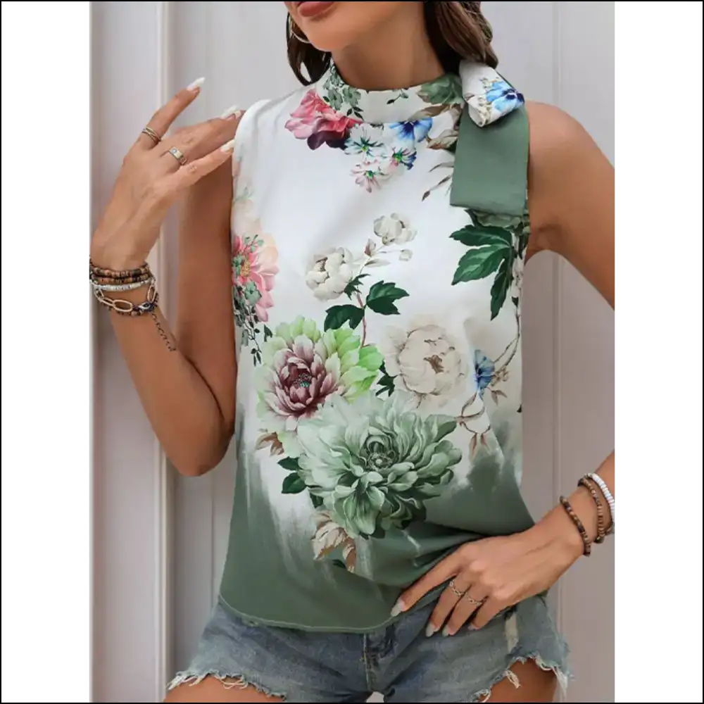 Chic Tied Flower Printed Mock Neck Top - Gum Leaf / s - Tank Tops on Sale Worldwide Shipping