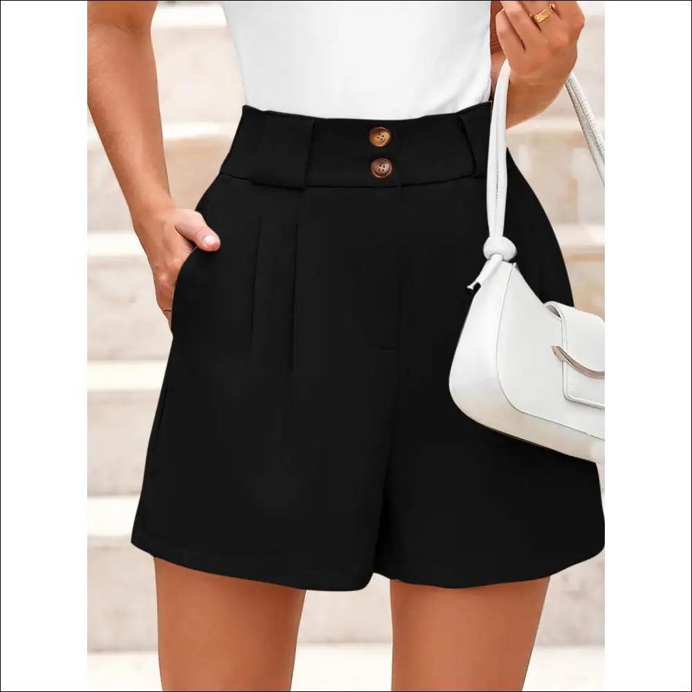 Chic Two Button Wide Waistband Shorts - Black / s - on Sale Worldwide Shipping