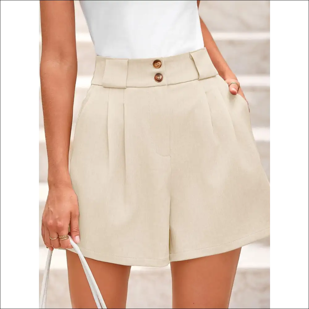 Chic Two Button Wide Waistband Shorts - Cream / Xl - on Sale Worldwide Shipping
