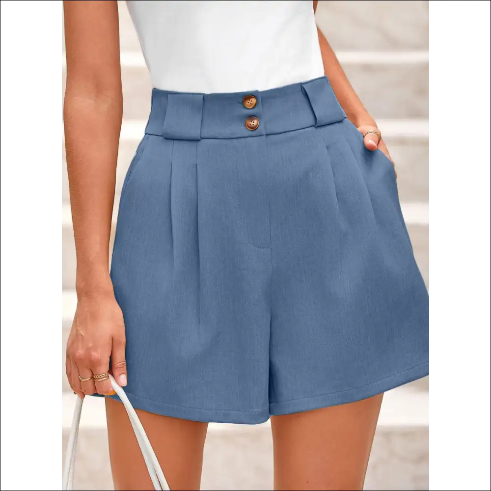 Chic Two Button Wide Waistband Shorts - Dirty Blue / s - on Sale Worldwide Shipping