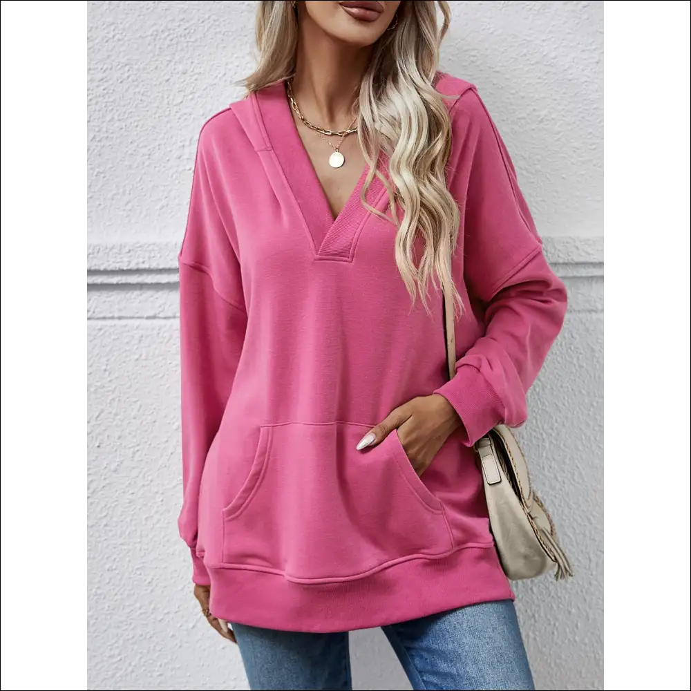 Chic V-neck Drop Shoulder Long Sleeve Hoodie - Mauve / s - Sweatshirts & Hoodies on Sale Worldwide Shipping