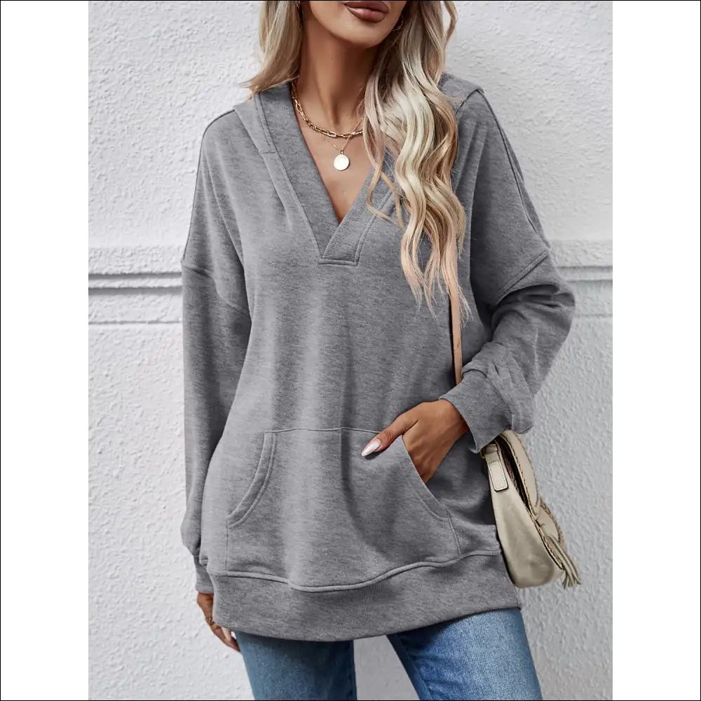 Chic V-neck Drop Shoulder Long Sleeve Hoodie - Light Gray / m - Sweatshirts & Hoodies on Sale Worldwide Shipping