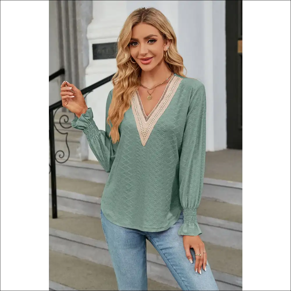Chic V-neck Flounce Sleeve Blouse - Sage / l - Blouses on Sale Worldwide Shipping