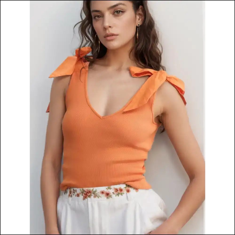 Chic V-neck Tie Shoulder Tank - Grapefruit Orange / l - Tops on Sale Worldwide Shipping