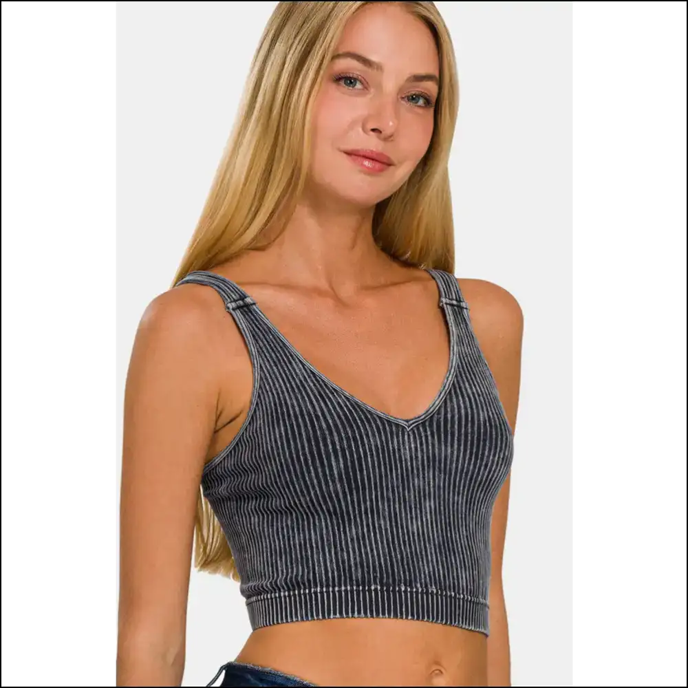 Chic Washed Ribbed Cropped V-neck Tank - Black / S/m - Tops on Sale Worldwide Shipping