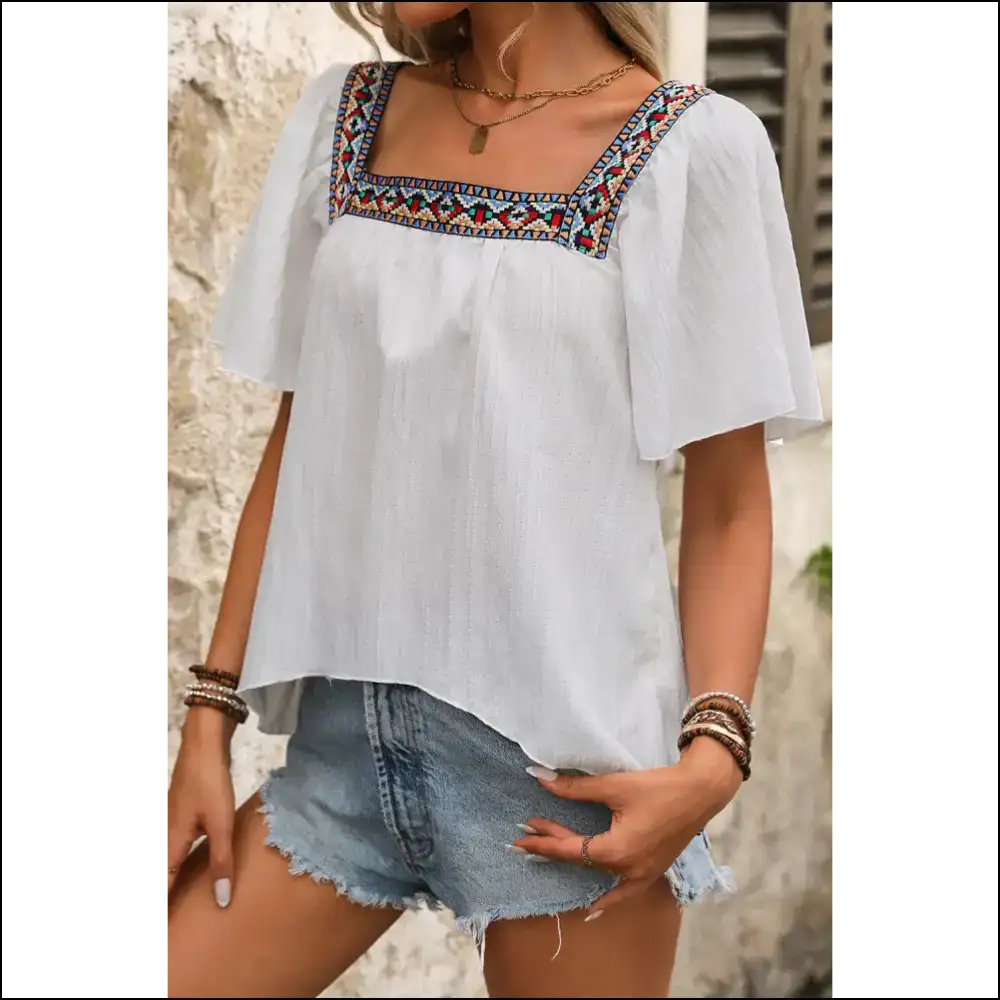 Chic White Geometric Blouse: Finally a Top that Understands my Chaos π - Blouses on Sale Worldwide Shipping
