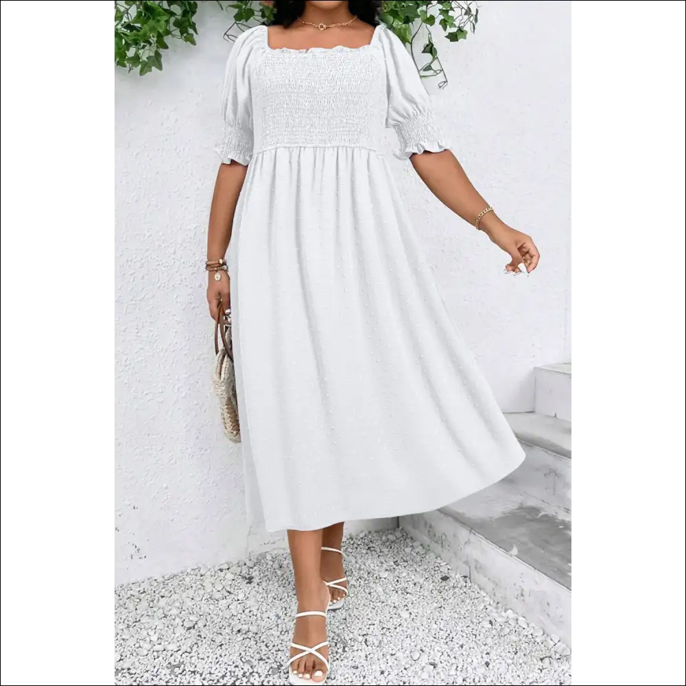 Chic White Swiss Dot Plus Size Dress with Smocked Frill Neck - 1x - Dresses on Sale Worldwide Shipping
