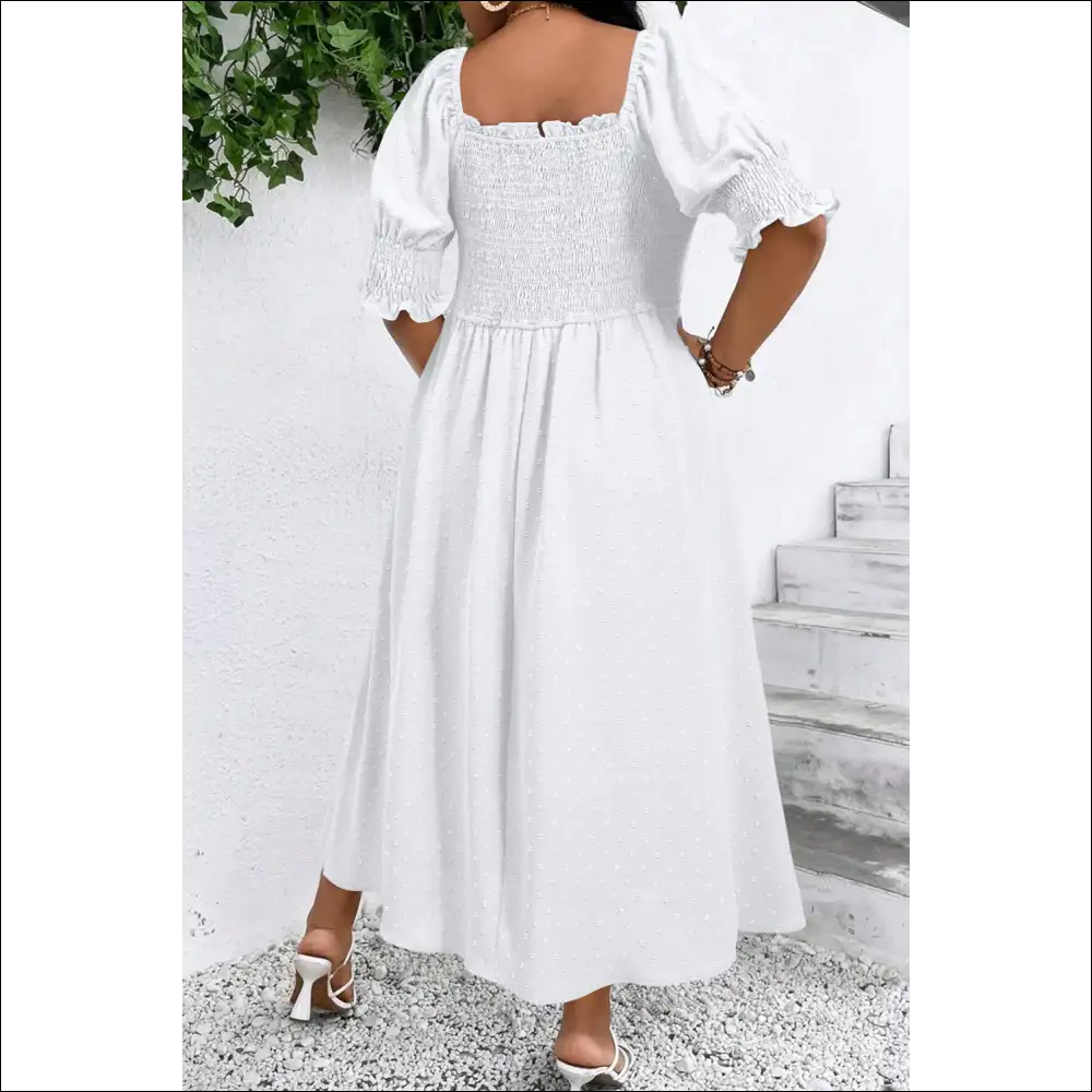 Chic White Swiss Dot Plus Size Dress with Smocked Frill Neck - Dresses on Sale Worldwide Shipping