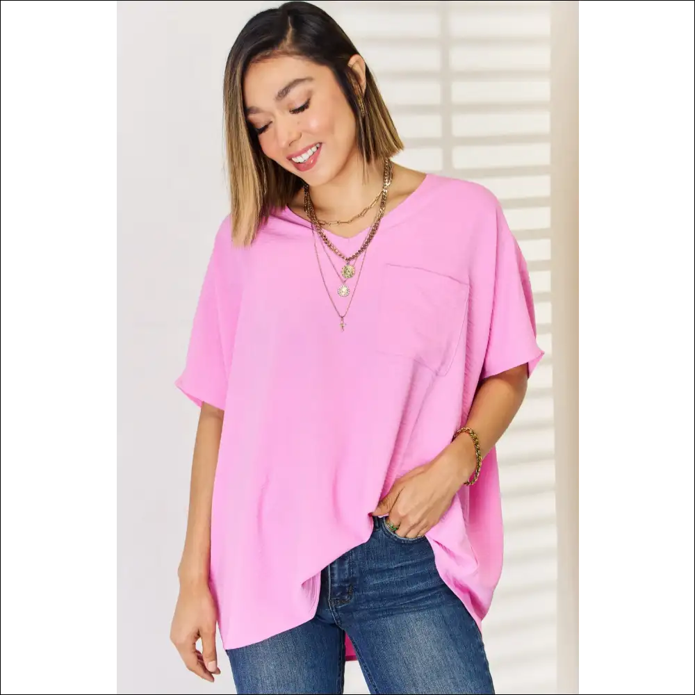 Chic Zenana Textured Short Sleeve Blouse - Pink / s - Blouses on Sale Worldwide Shipping