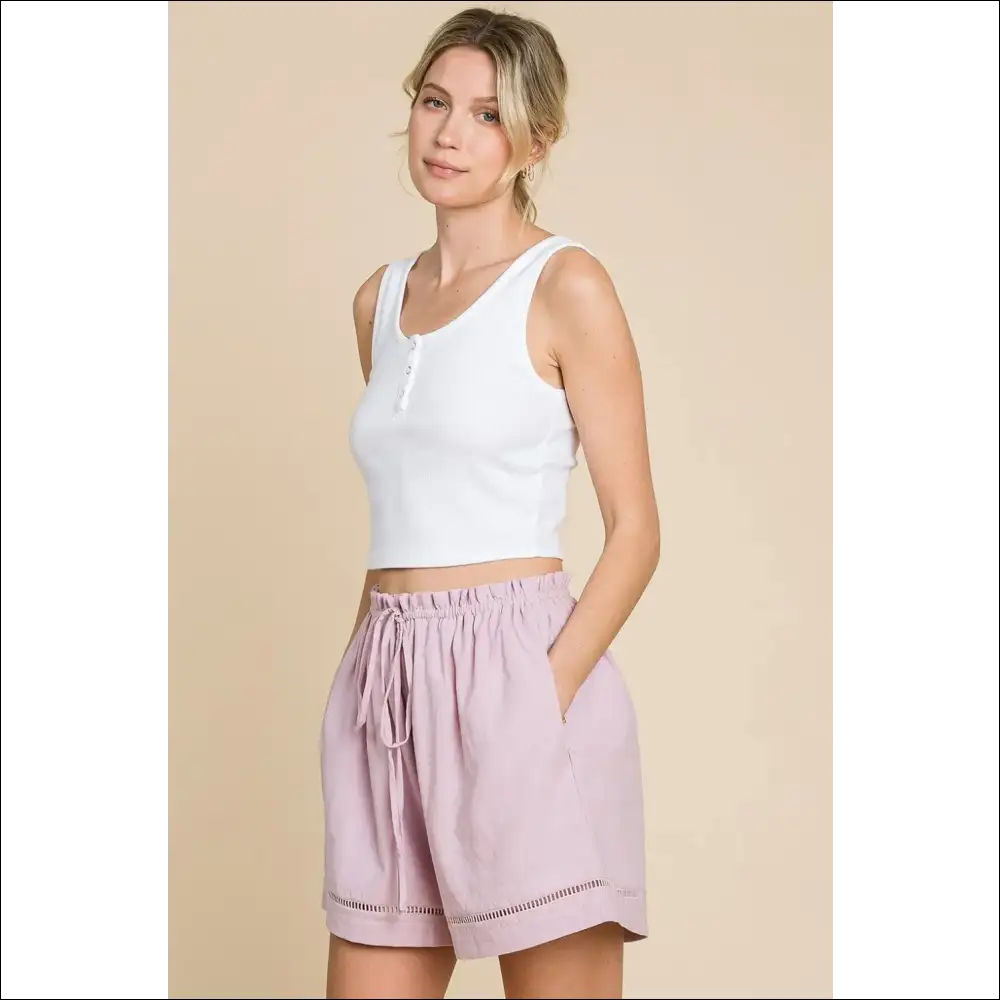 Cotton Bleu High Waist Drawstring Shorts - on Sale Worldwide Shipping