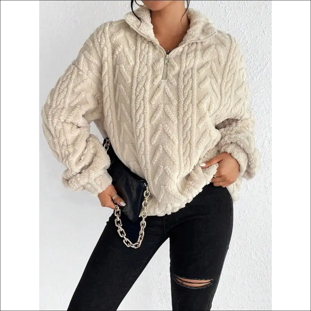 Cozy Chic Fuzzy Quarter Zip Long Sleeve Sweatshirt - Sweatshirts & Hoodies on Sale Worldwide Shipping