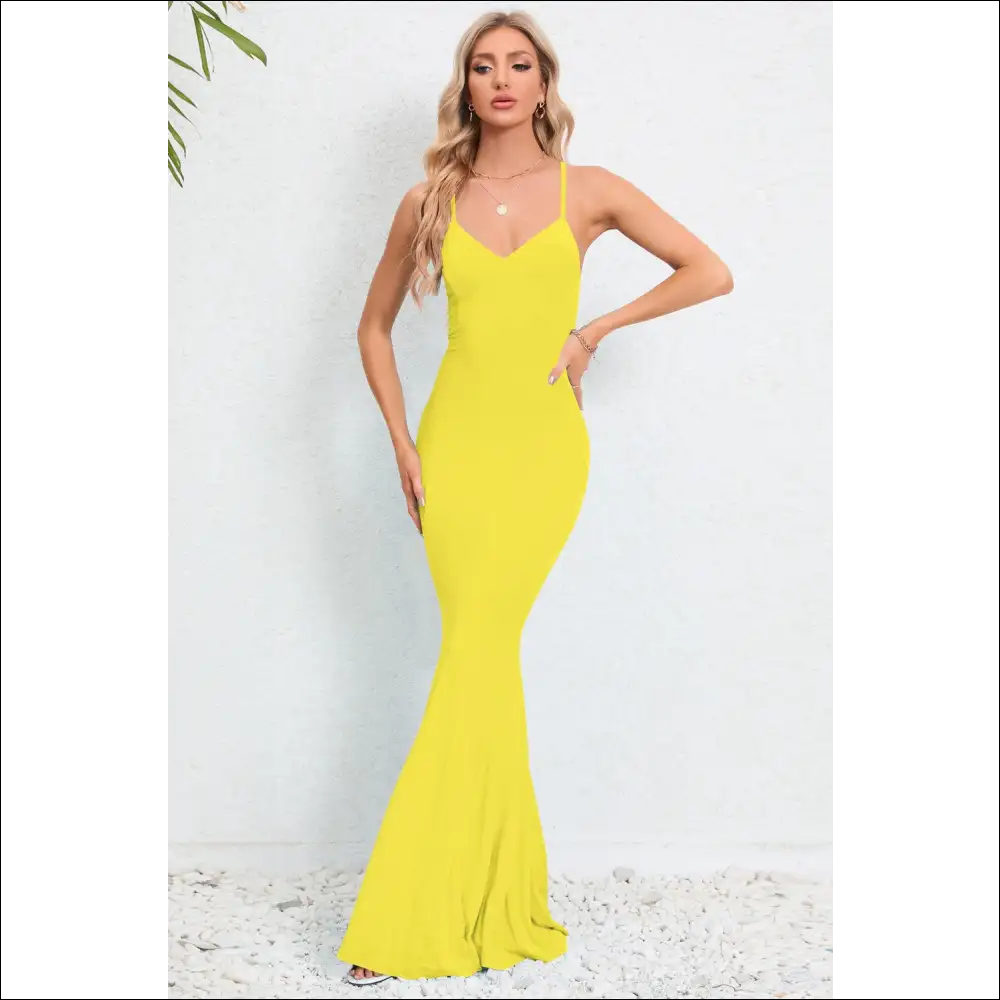 Crisscross Spaghetti Strap Fishtail Dress - Yellow / Xl - Dresses on Sale Worldwide Shipping