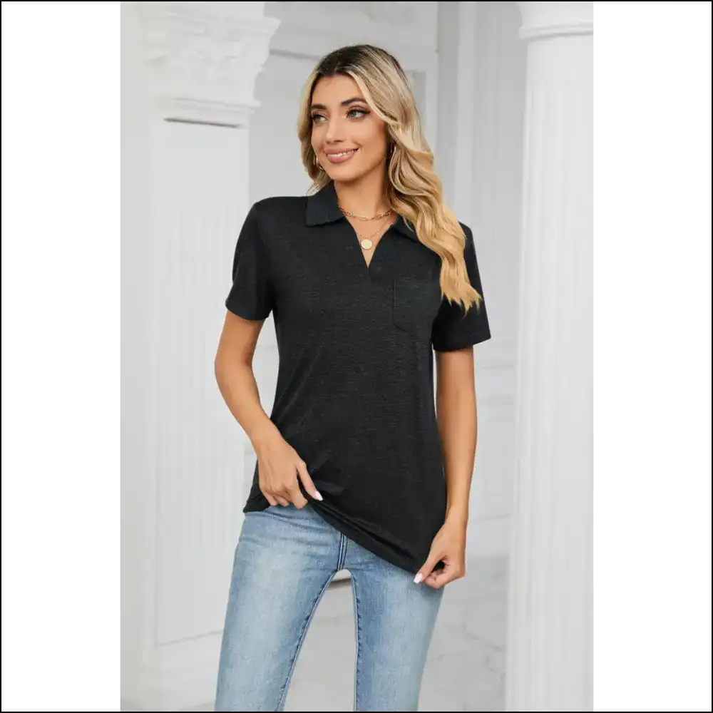 Curved Hem Johnny Collar Polo Shirt - Black / s - Blouses on Sale Worldwide Shipping