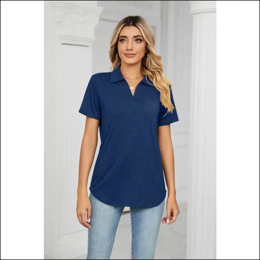 Curved Hem Johnny Collar Polo Shirt - Navy / s - Blouses on Sale Worldwide Shipping