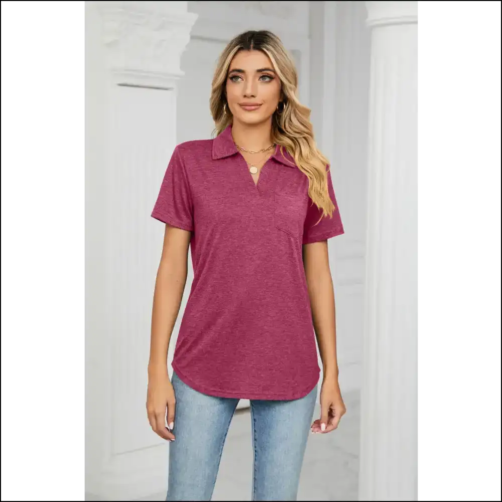 Curved Hem Johnny Collar Polo Shirt - Rose Red / m - Blouses on Sale Worldwide Shipping