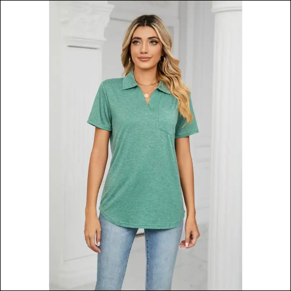 Curved Hem Johnny Collar Polo Shirt - Teal / s - Blouses on Sale Worldwide Shipping