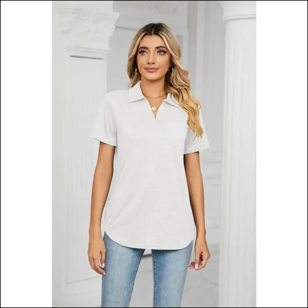 Curved Hem Johnny Collar Polo Shirt - White / s - Blouses on Sale Worldwide Shipping