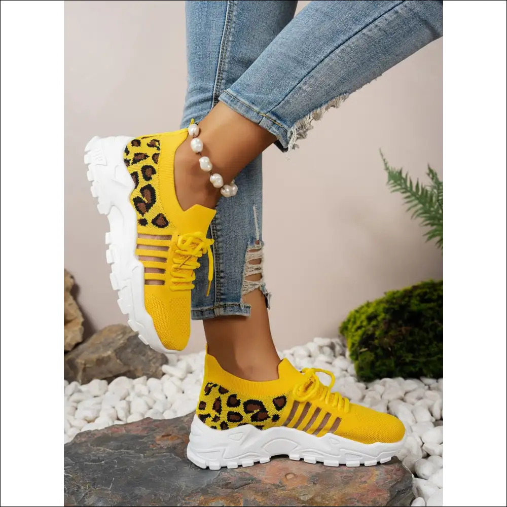 Cutout Leopard Lace Up Mesh Athletic Shoes - on Sale Worldwide Shipping