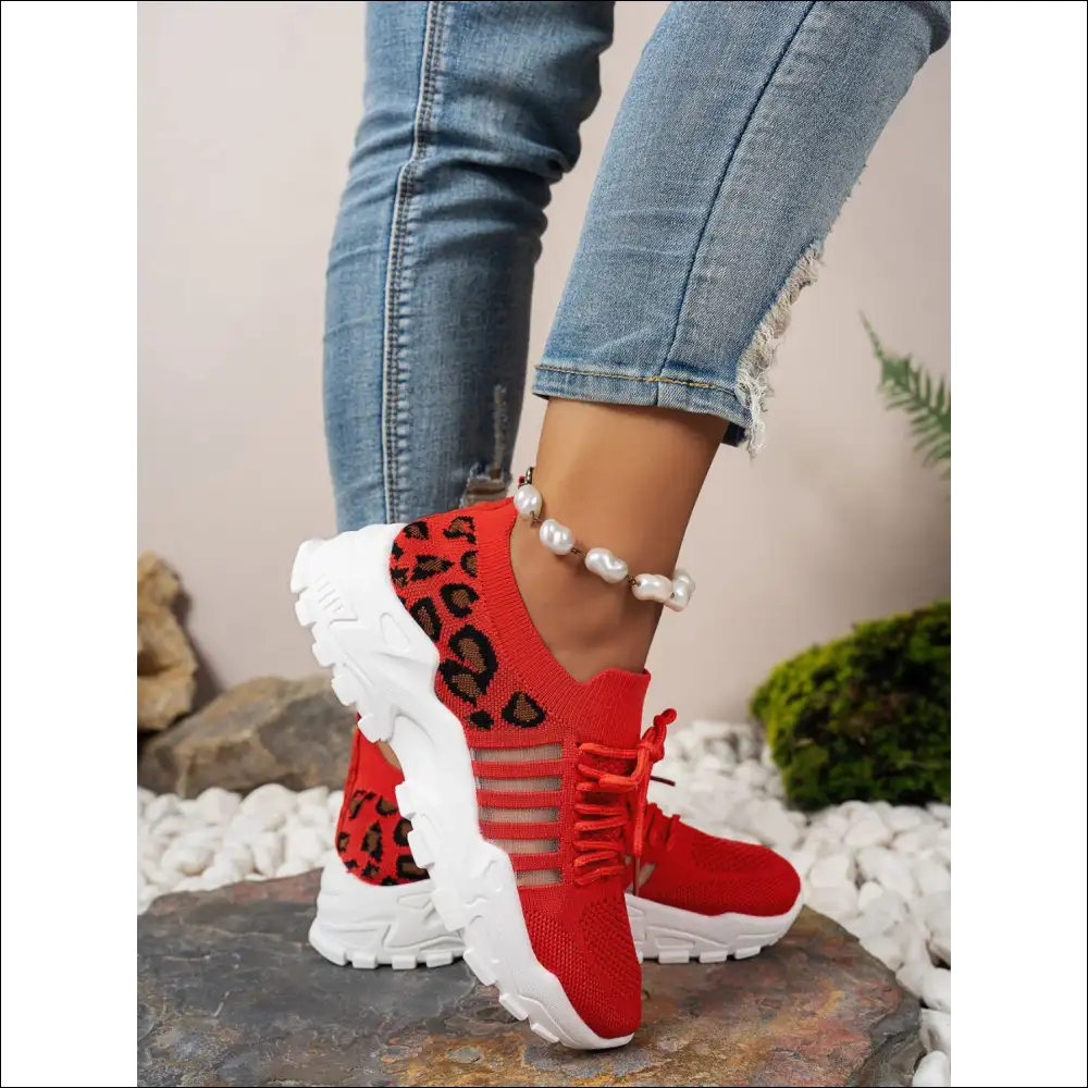 Cutout Leopard Lace Up Mesh Athletic Shoes - on Sale Worldwide Shipping