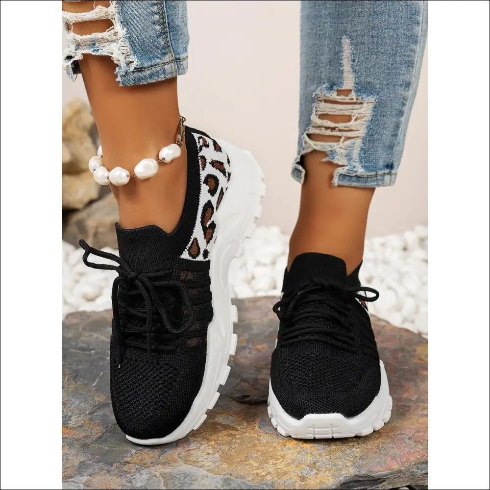 Cutout Leopard Lace Up Mesh Athletic Shoes - on Sale Worldwide Shipping
