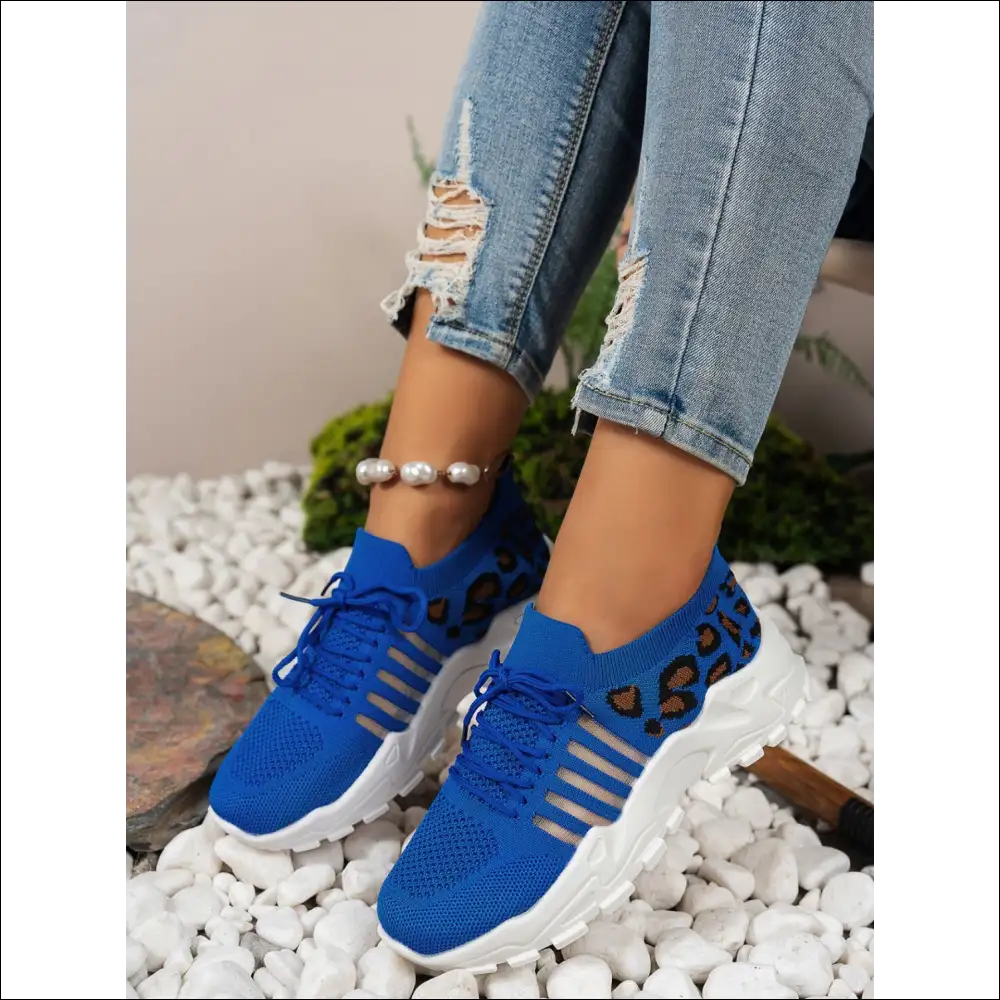 Cutout Leopard Lace Up Mesh Athletic Shoes - Royal Blue / 37(us6) - on Sale Worldwide Shipping