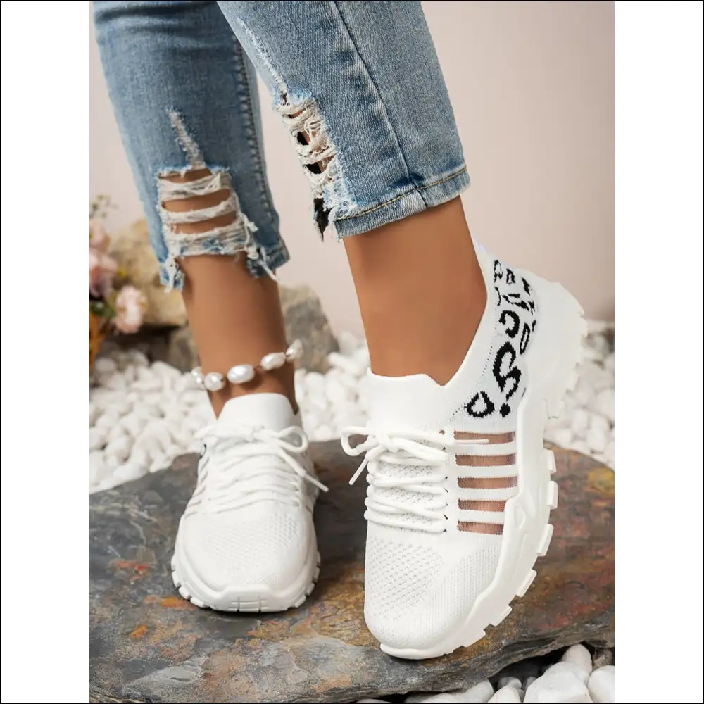 Cutout Leopard Lace Up Mesh Athletic Shoes - White / 37(us6) - on Sale Worldwide Shipping