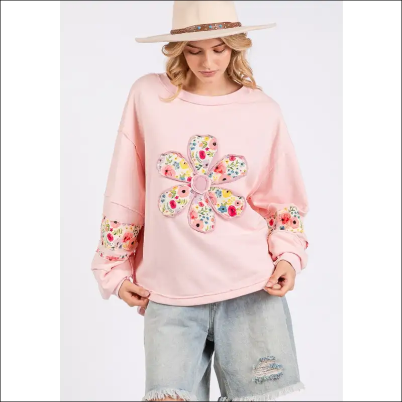 Daisy Patch Long Sleeve Sweatshirt - Cozy Chic - Blush Pink / s - Sweatshirts & Hoodies on Sale Worldwide Shipping