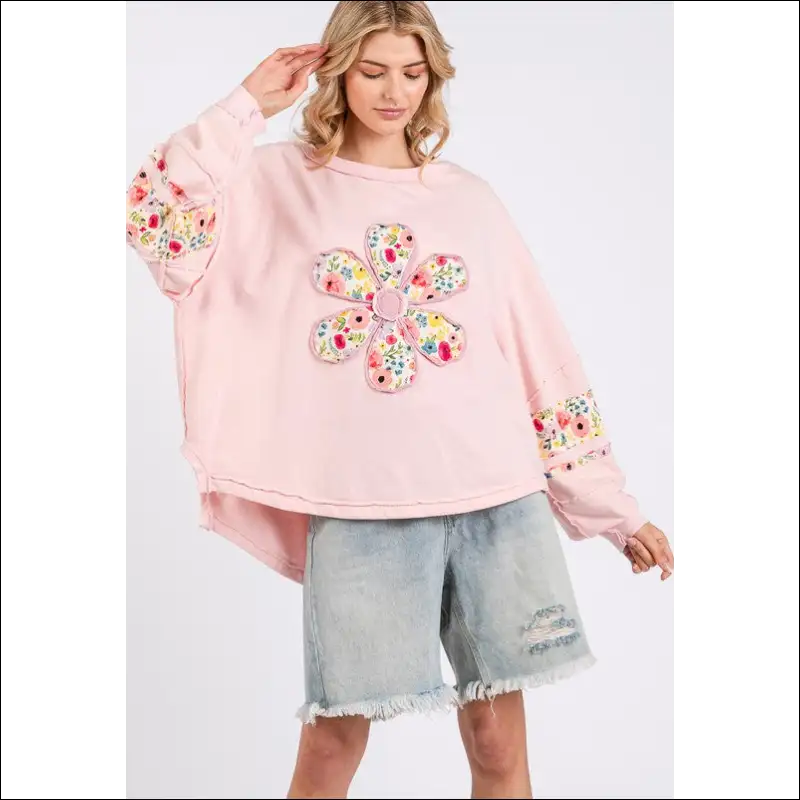 Daisy Patch Long Sleeve Sweatshirt - Cozy Chic - Sweatshirts & Hoodies on Sale Worldwide Shipping