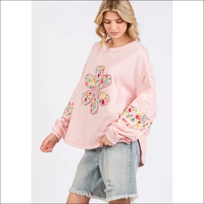 Daisy Patch Long Sleeve Sweatshirt - Cozy Chic - Sweatshirts & Hoodies on Sale Worldwide Shipping