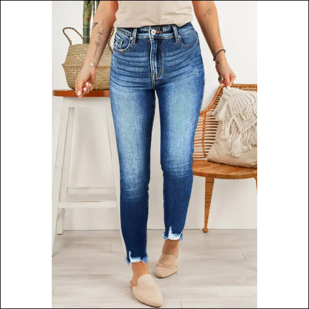 Dark Blue Skinny Jeans: Leg Day Raw Hem Zero Regrets π Needful Things - 6 - Jeans on Sale Worldwide Shipping